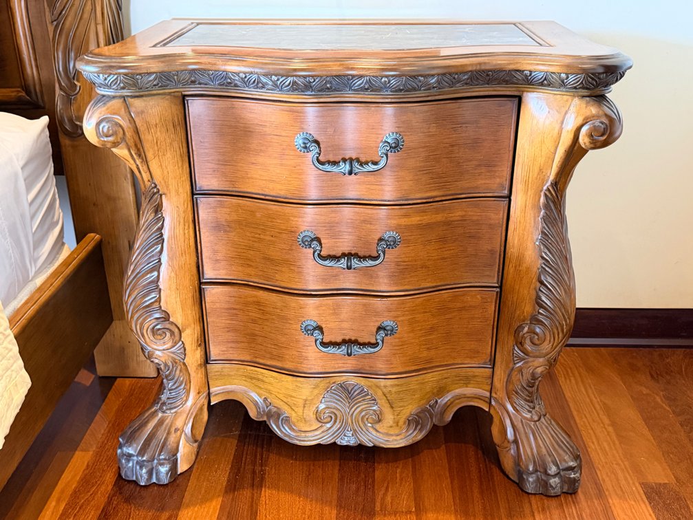Three-Drawer Carved Wood Nightstand