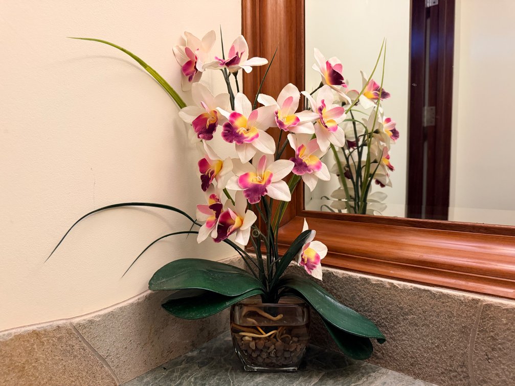 Artificial Orchid Arrangement in Glass Planter