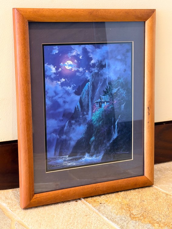 Framed Moonlit Coastal Cottage Artwork