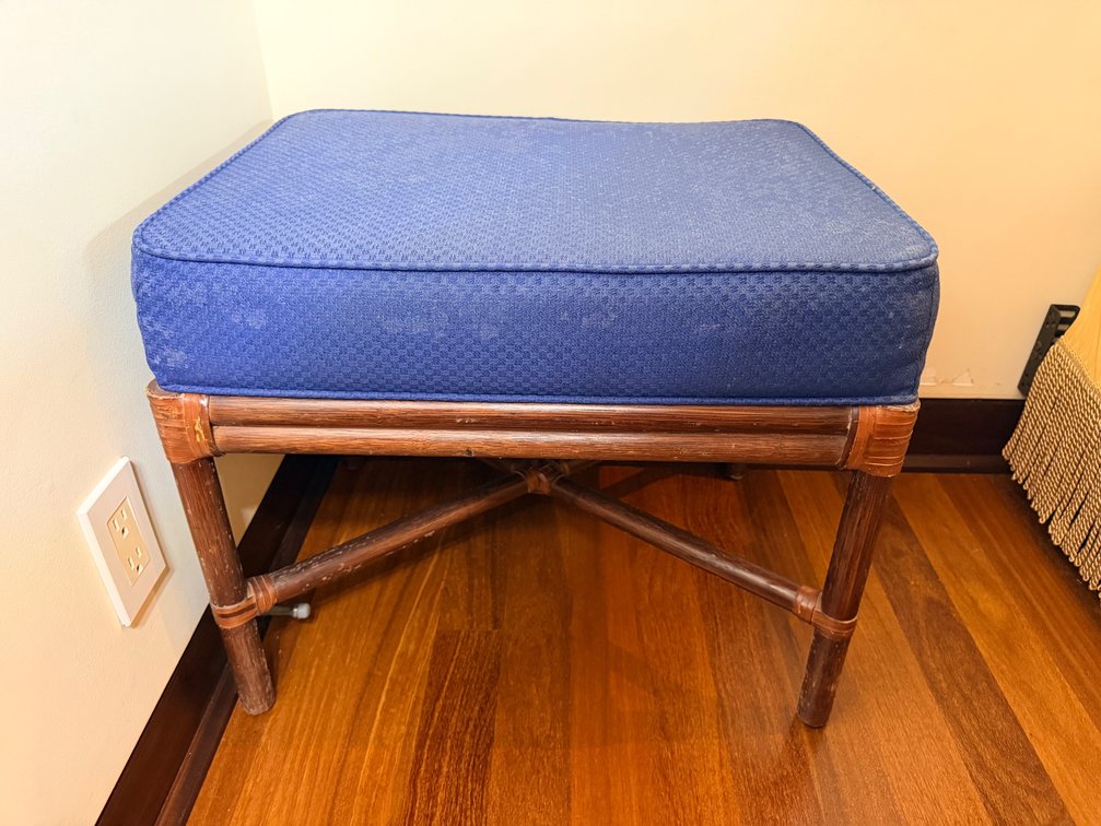 Rattan Bench with Blue Cushion