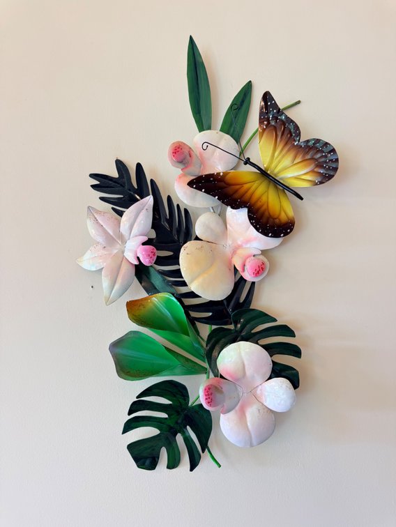 Tropical Metal Butterfly & Floral Wall Sculpture