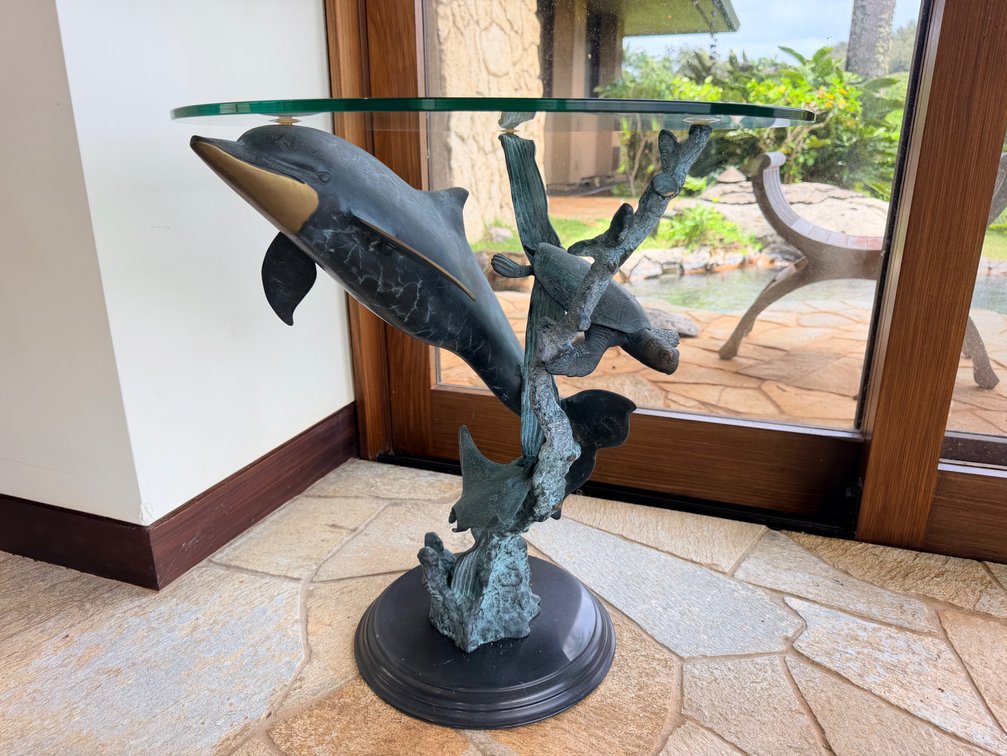 Glass Top Sea Turtle & Dolphin Accent Table