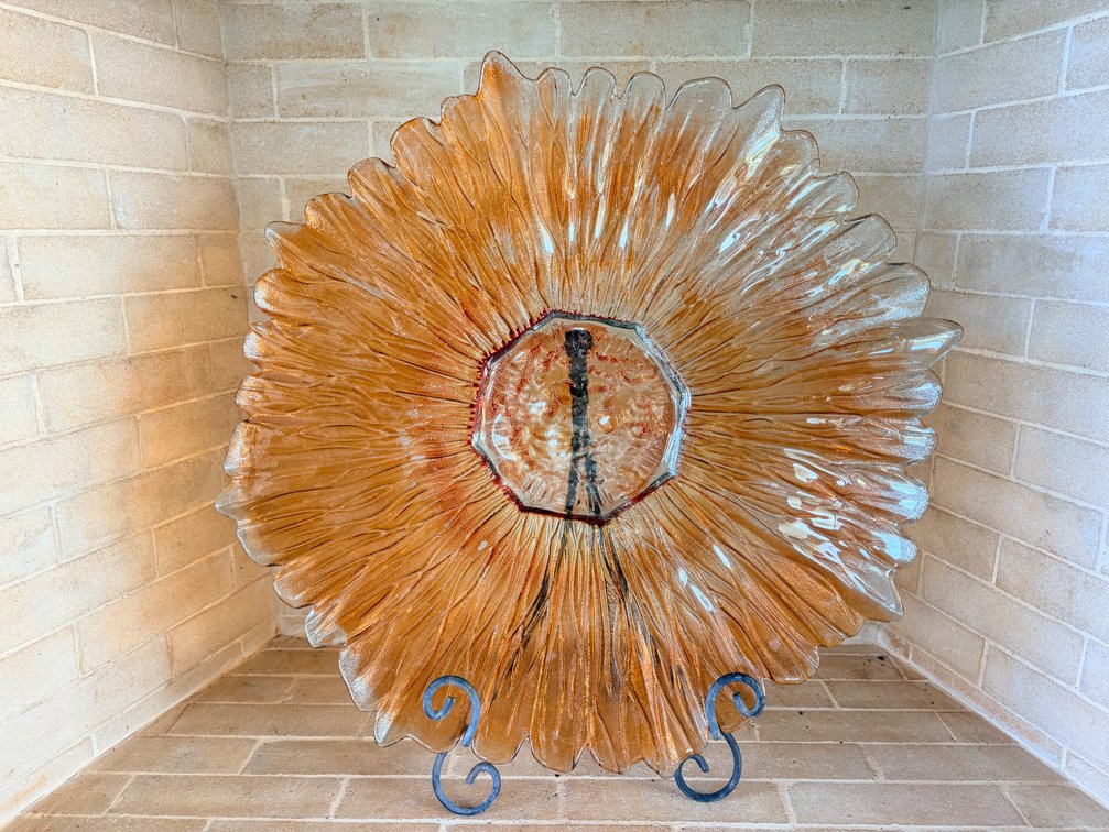 Large Decorative Art Glass Charger Plate with Metal Display Stand