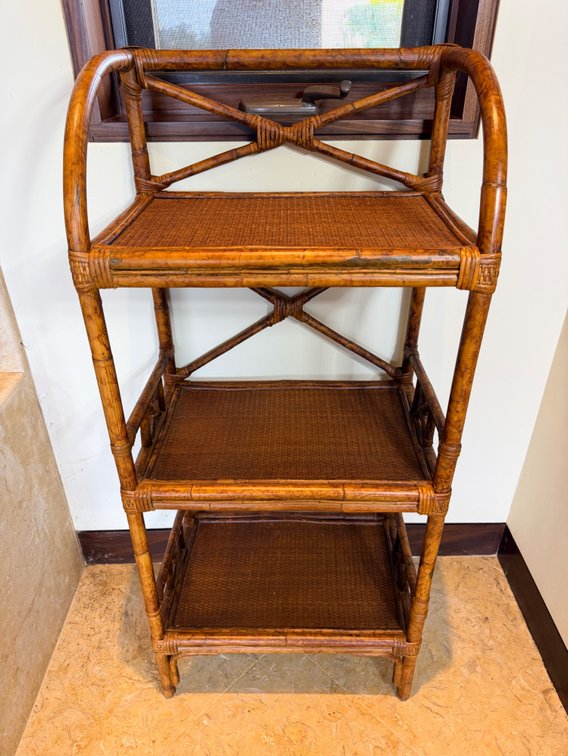 Three-Tier Bamboo & Woven Rattan Display Shelf