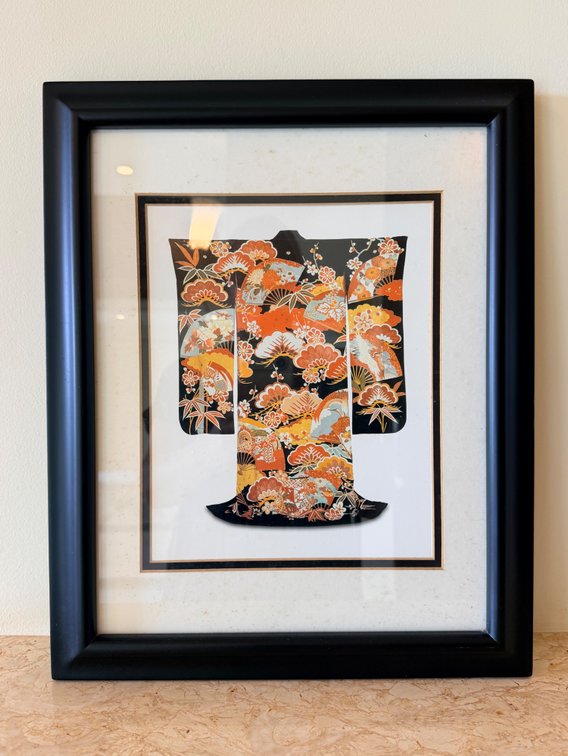 Framed Japanese Kimono Textile Artwork – Black Floral Design
