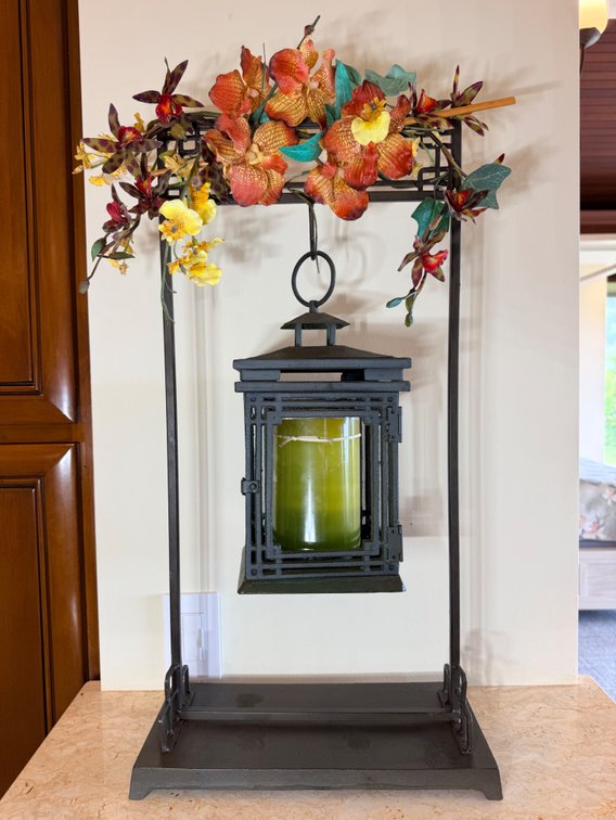 Decorative Metal Lantern Stand with Artificial Floral Arrangement