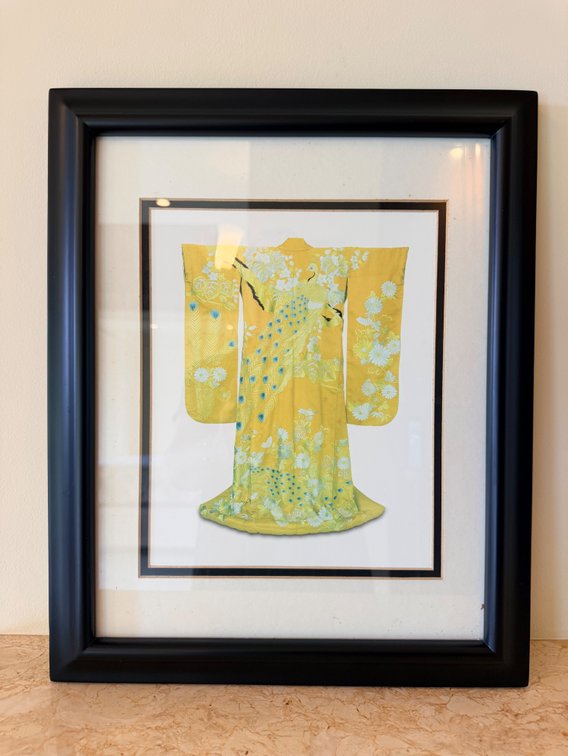 Framed Japanese Kimono Textile Artwork – Yellow Peacock Design
