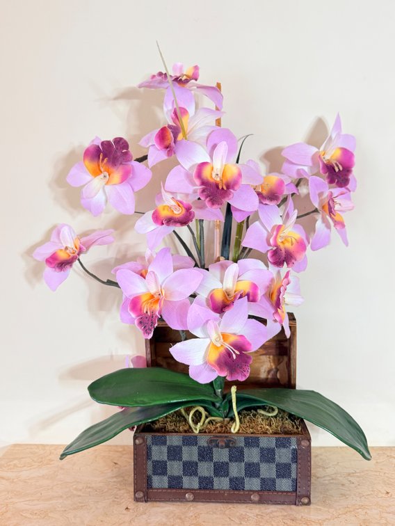Decorative Artificial Orchid Arrangement in Trunk-Style Planter