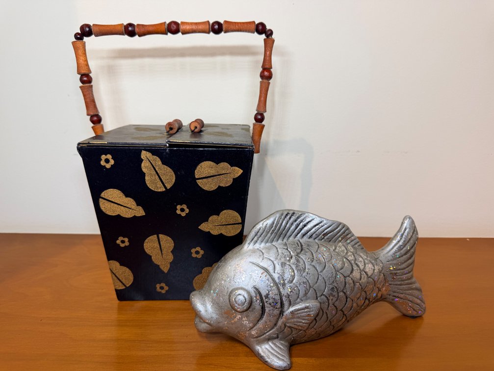 Decorative Fish Figurine & Asian Design Handled Storage Box