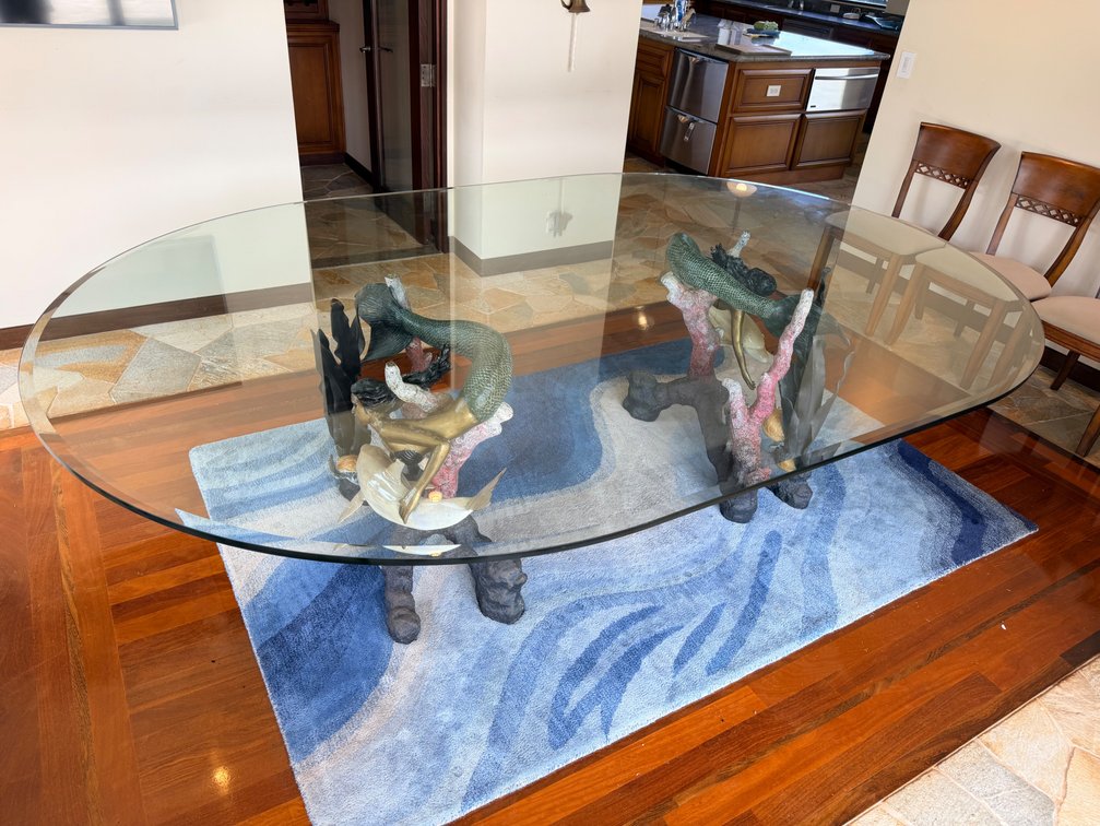Elegant Sculpted Mermaid, Dolphin, Sea Turtle & Marine Life Glass Top Dining Table – 9' x 6'