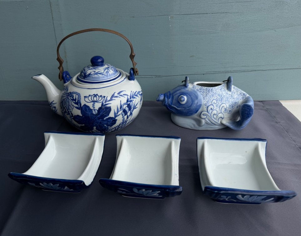 Blue and White Porcelain Teapots and Dishes