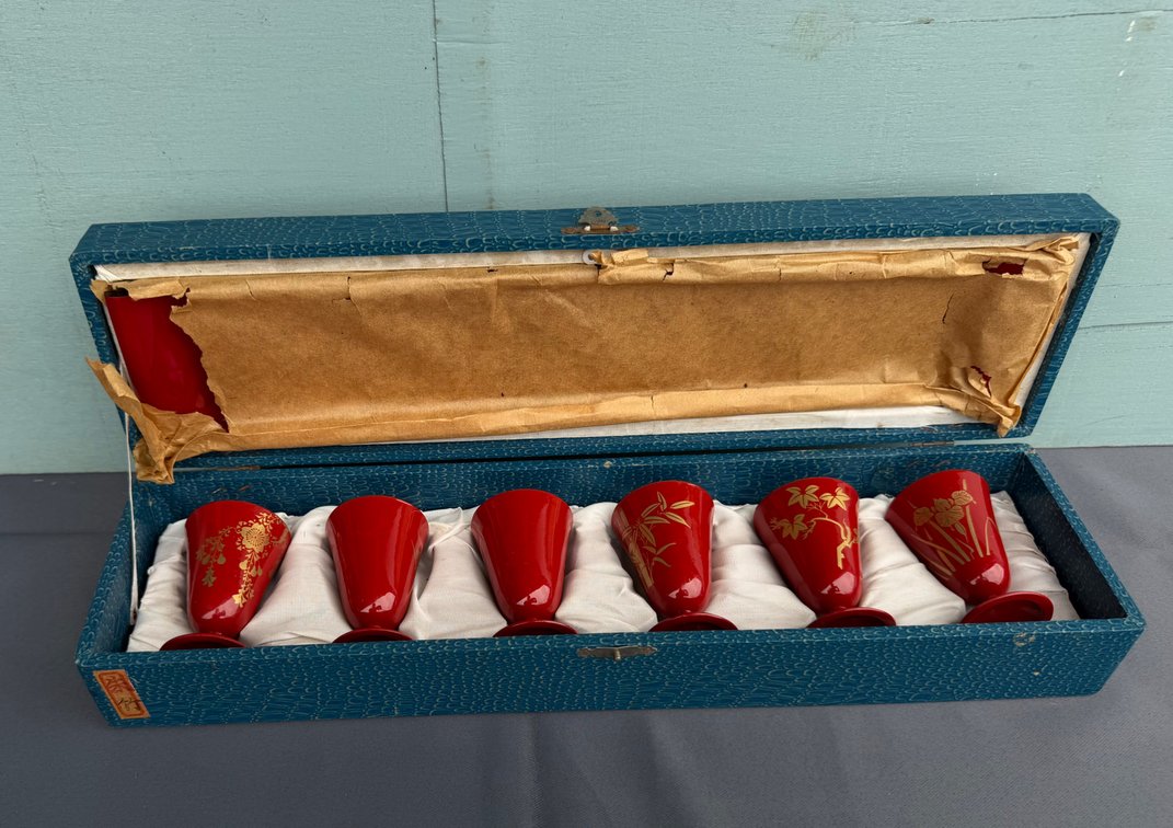 Set of Red Sake Cups with Tray
