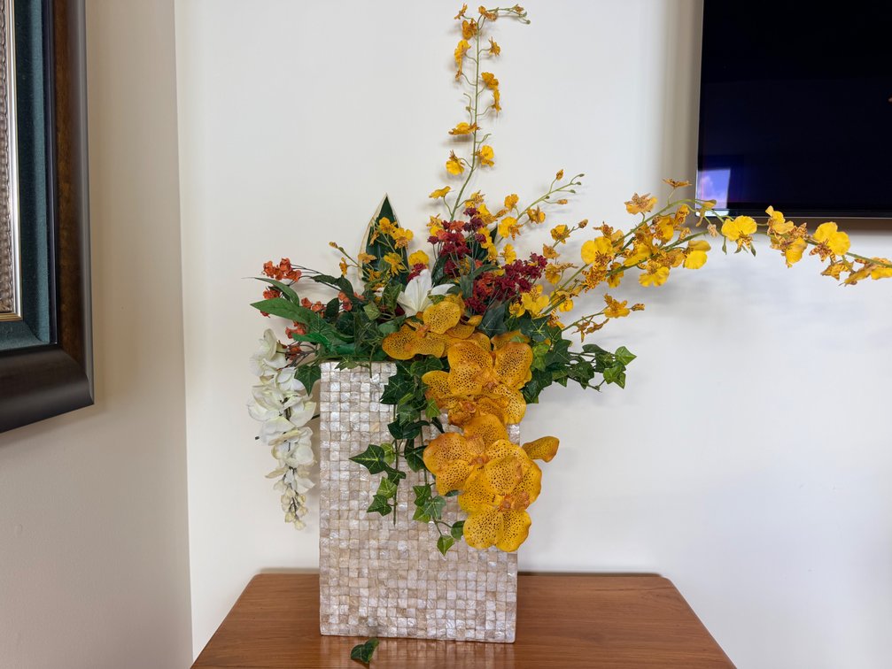 Decorative Artificial Floral Arrangement in Mosaic Vase