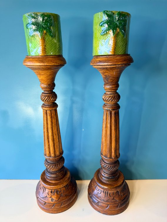 (X's 2) Wooden Pillar Candle Holders with Palm Tree Candles