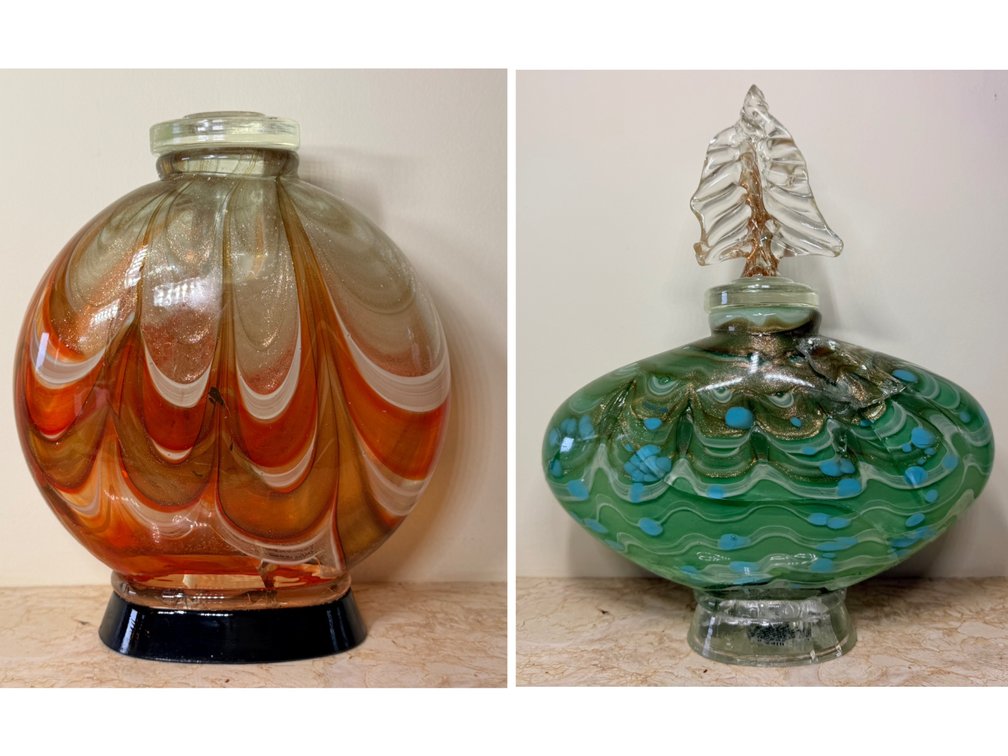 Pair of Decorative Art Glass Bottles with Stoppers