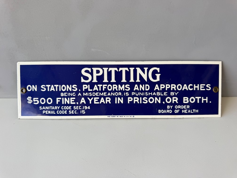 Vintage Reproduction "No Spitting" Metal-Style Railroad Station Sign