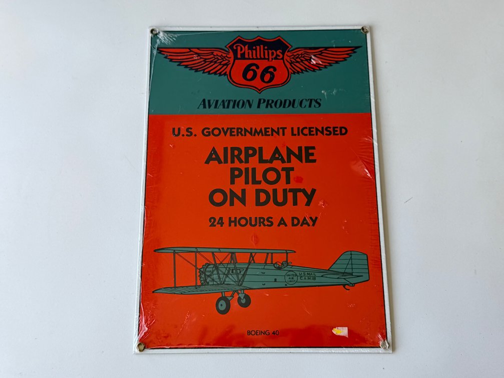 Vintage Phillips 66 Aviation Products "Airplane Pilot on Duty" Metal Sign