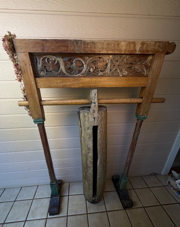 Kentongan Indonesian Slit Drum on Carved Wood Stand