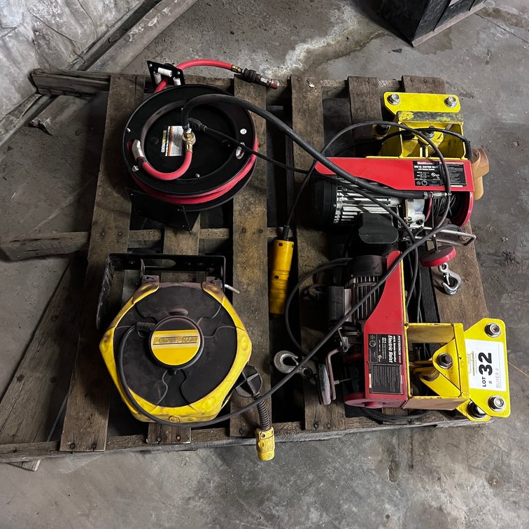 Entire Pallet of Hose Reels & Shop Hoists
