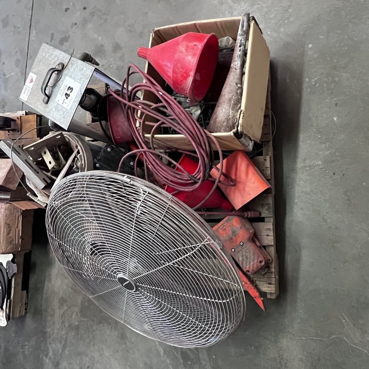 Pallet with Power Cords, Foot Controls, Fan, Etc.