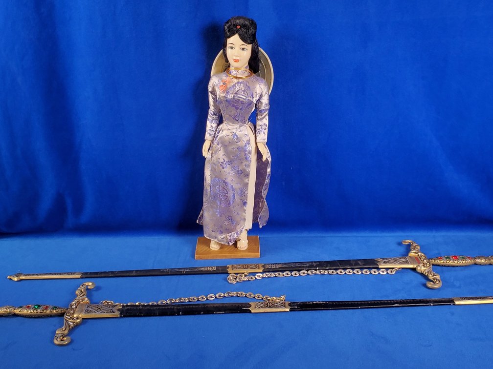 1965 Vietnam Doll from Ky Ha Vietnam & (2) Decorative Faux Swords (LPO)