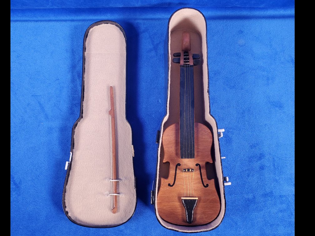Vintage Decorative Tiny Wood Violin w/Bow in Hand Painted Case