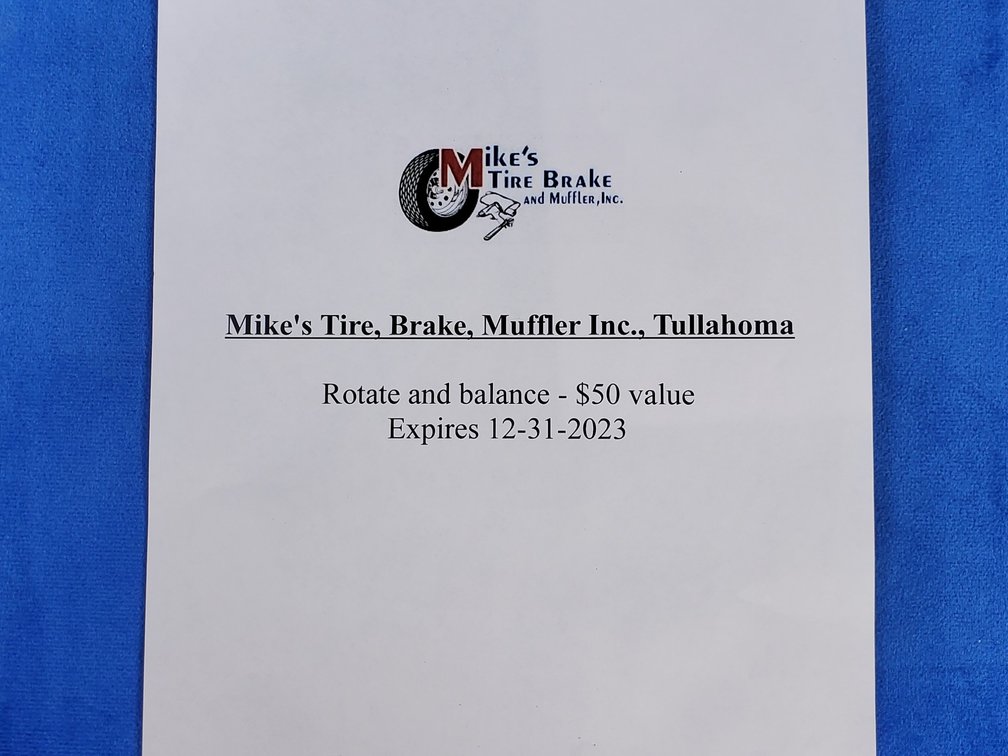 $50.00 Voucher for Tire Rotation & Balance at Mikes Tire, Brake, Muffler (LPO)