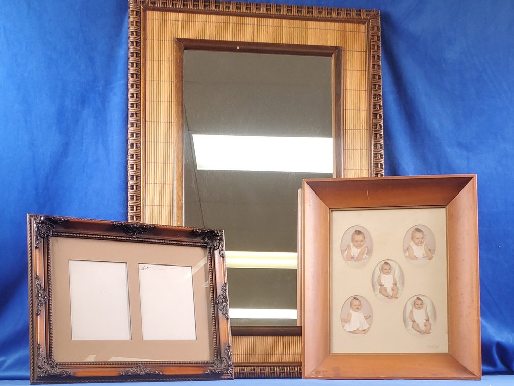 Split Bamboo & Woven Rattan Rectangular Wall Mirror & (2) Vintage Wood Picture Frames (LPO)