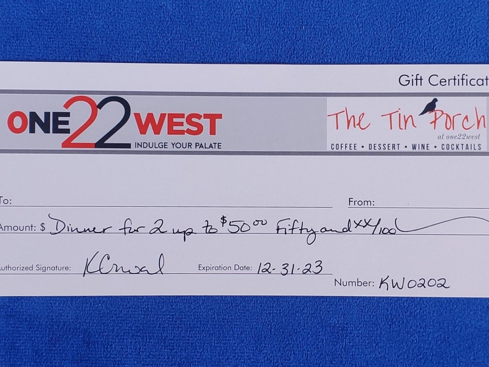 $50.00 gift Certificate for ONE 22 WEST (LPO)