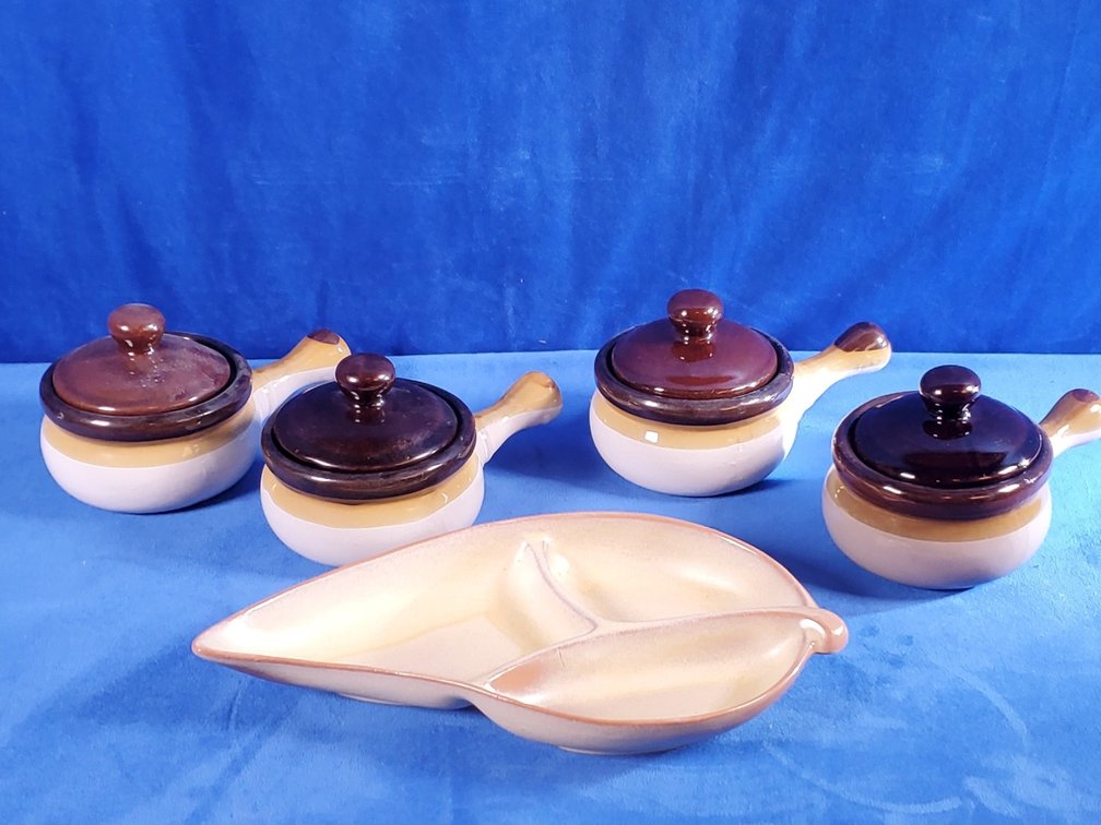 Set of (4) Vintage Stoneware Soup Bowls & Francoma Leaf Shaped Serving Dish (LPO)
