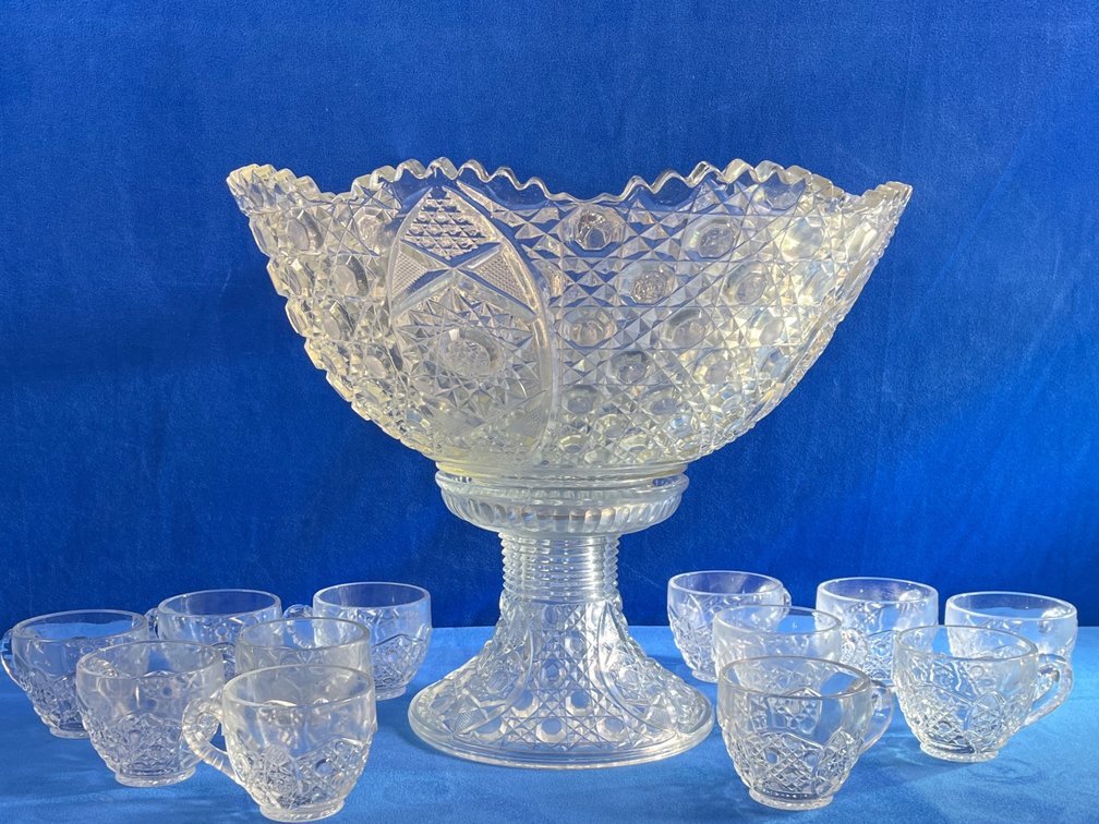 Vintage Cut Glass Punch Bowl on Stand w/10 cups (LPO)