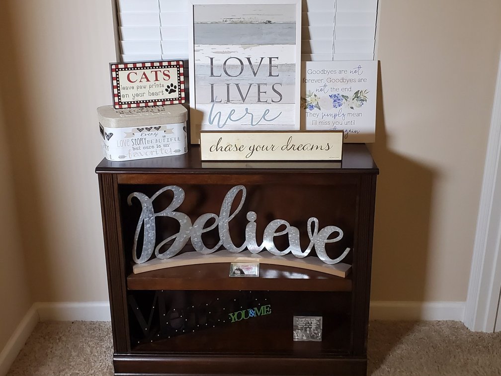 2-Shelf Bookcase & Inspirational Wall Art and Decor. (LPO)