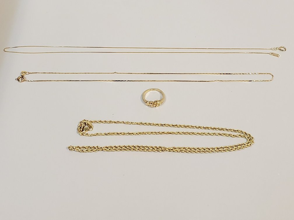 (3) Gold Chains & 10K Gold Nugget Ring (LPO)