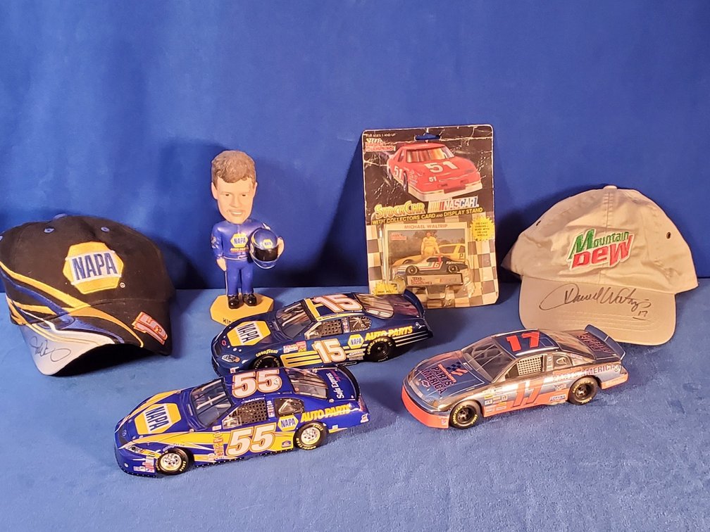 (2) Michael Waltrip & (1)  Darrell Waltrip 1/24 Scale Die Cast Cars &  (2) Autographed  Caps (LPO)