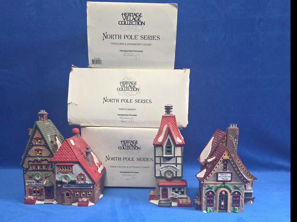 Department 56 "Obbie's Books & Letrinka's Candy", "Rimpy's Bakery" & "Popcorn & Cranberry House"