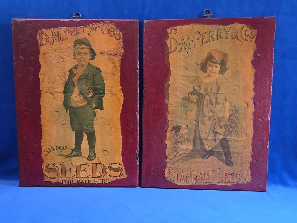 (2) Vintage "Standard Seeds" Decoupage on Wood. (LPO)