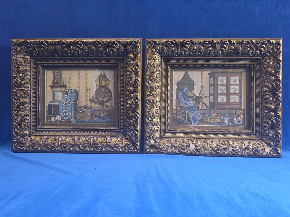 Pair of Framed Quilt Prints w/Cats (LPO)