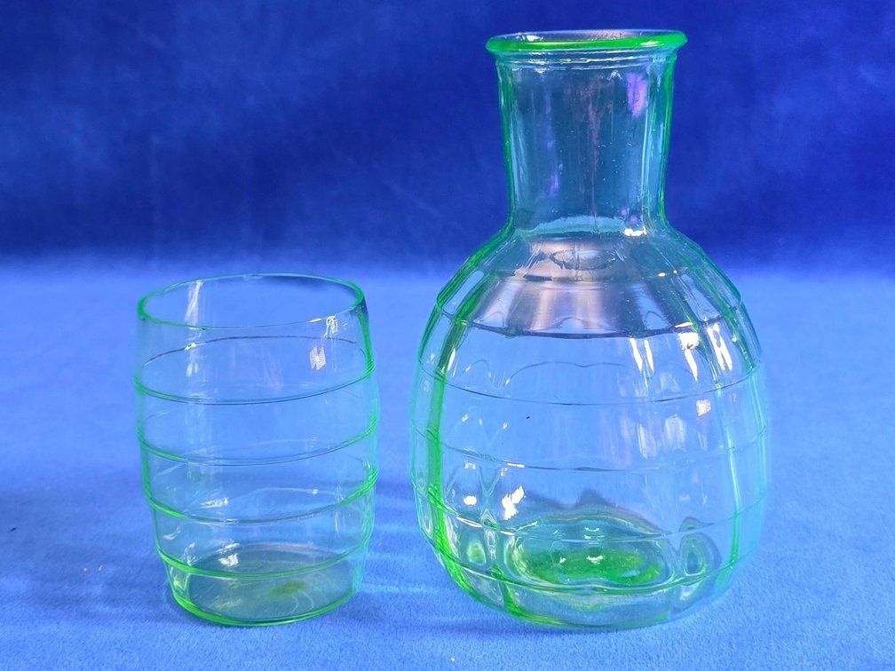 Bedside Water Carafe and Tumbler, Green Uranium Glass.