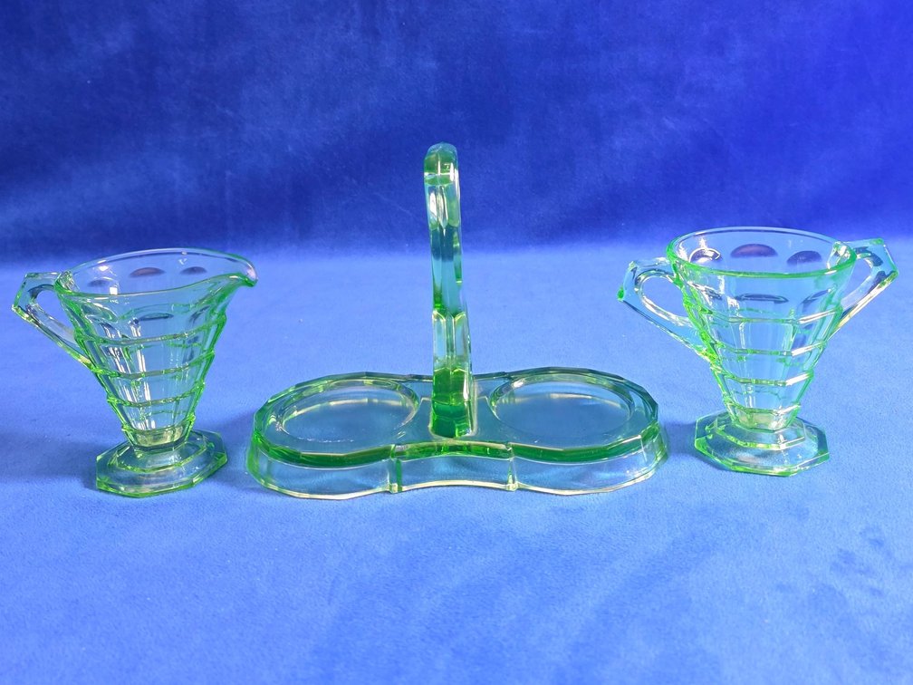 "Tea Room" Pattern Green Uranium Glass Sugar and Creamer Set with Caddy.