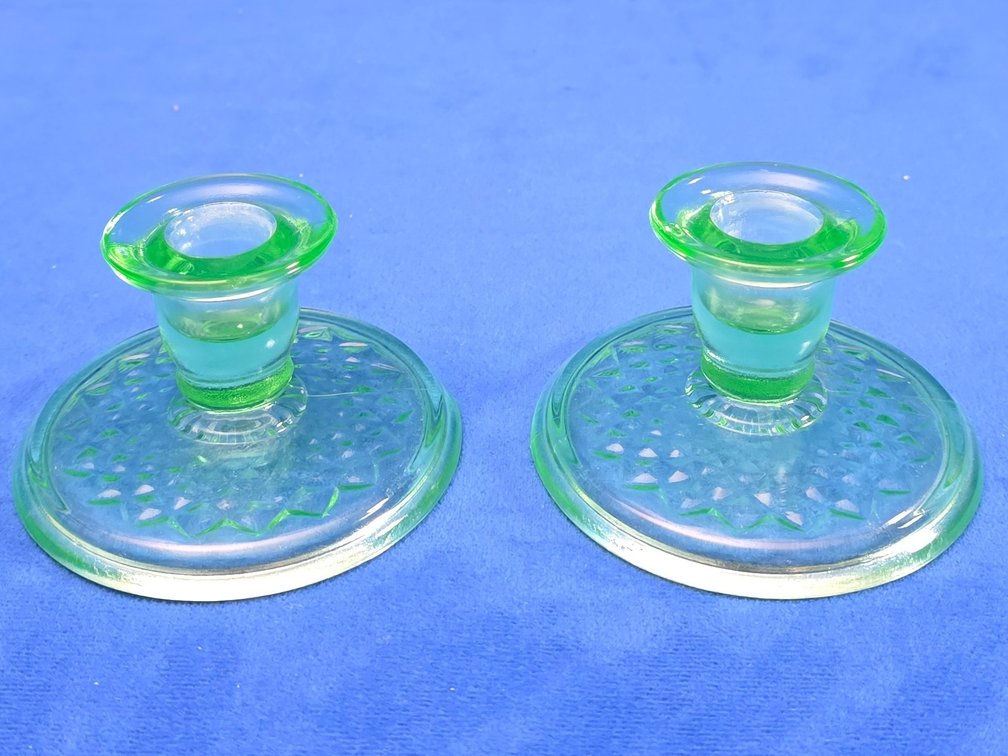 Pair of Green Uranium Glass Candlestick Holders