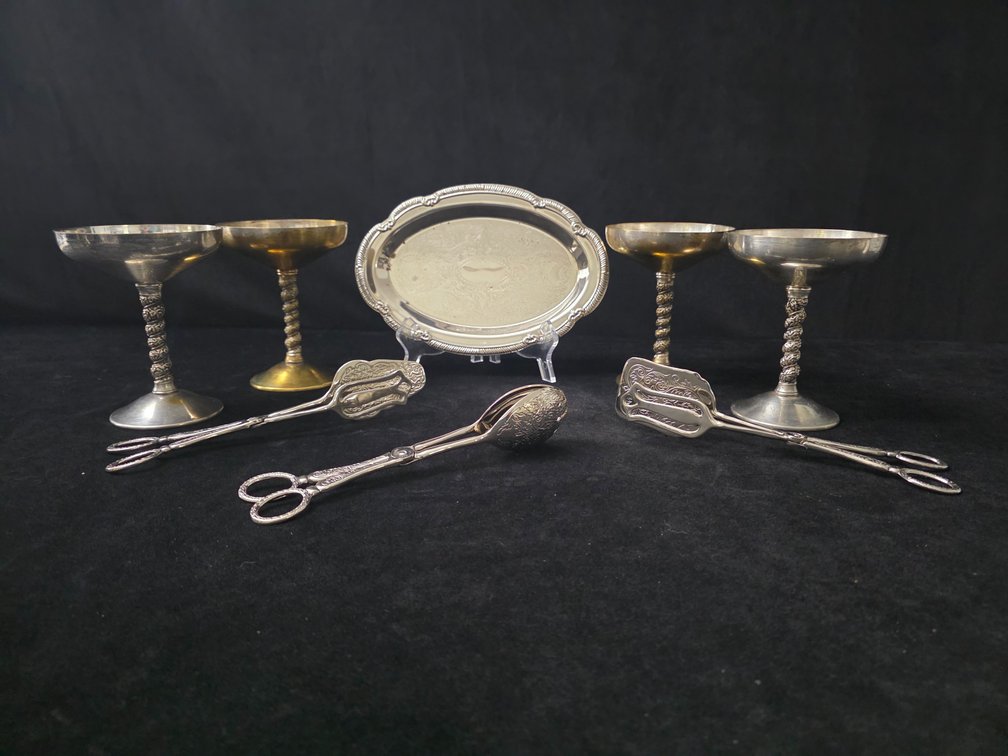 (4) Silver Plated Champagne Goblets, (3) Pair Silver Plated Serving Tongs & More