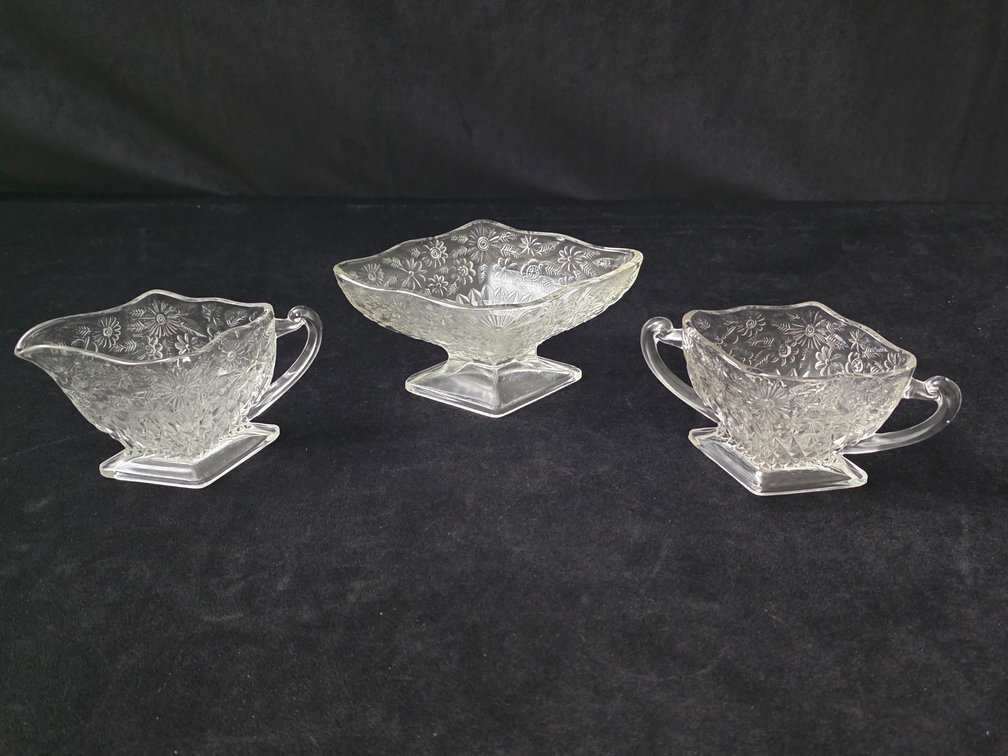 Vintage Indiana Glass Pineapple & Floral Diamond Creamer, Sugar & Candy Bowl (LPO)