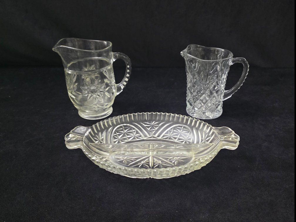 (2) Small Glass Pitchers & Divided Relish Dish (LPO)