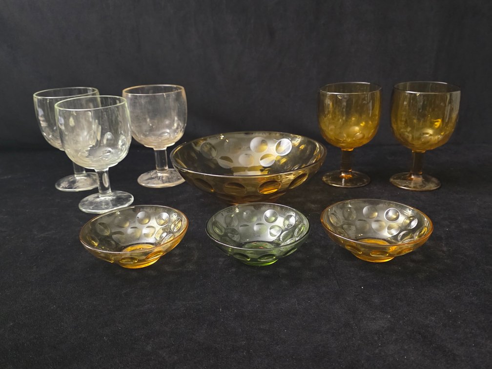 Vintage Amber Serving Bowl, (3) Berry Bowls & (5) Goblets (LPO)