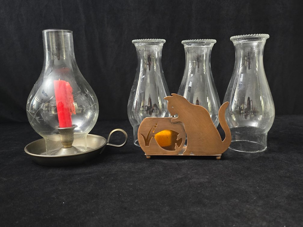 Brass Candle Holder, (3) Glass Chimneys & More (LPO)