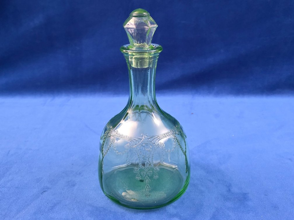 Vintage "Cameo" Pattern Green  Uranium Glass Decanter