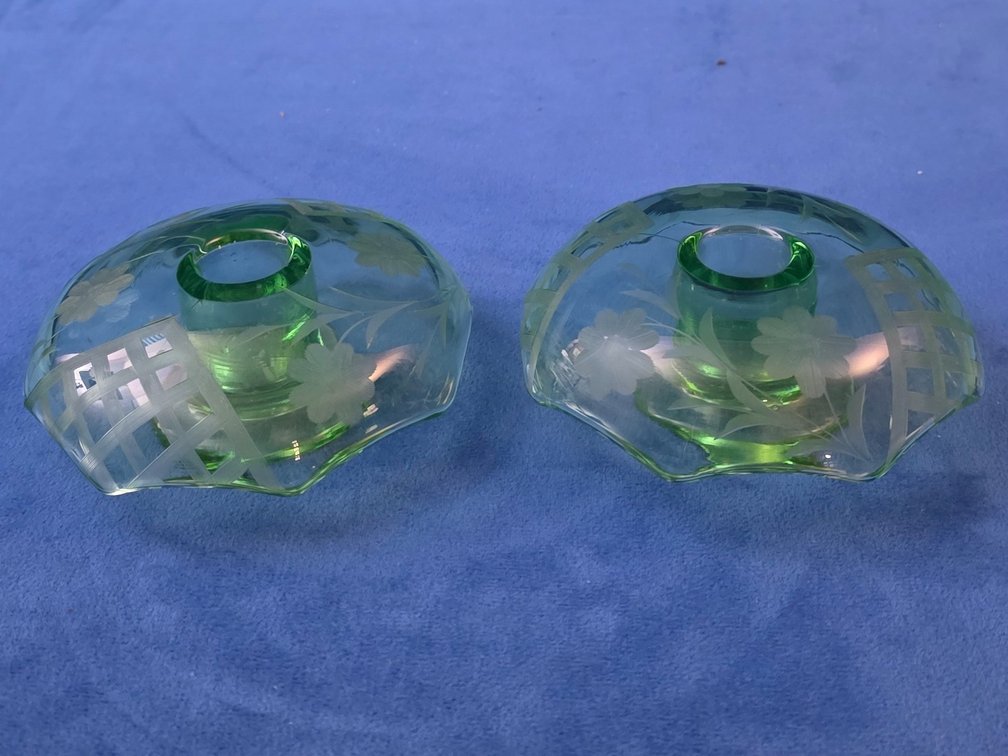 Pair of "Florentine" Green Uranium Glass Flat Candle Holders.