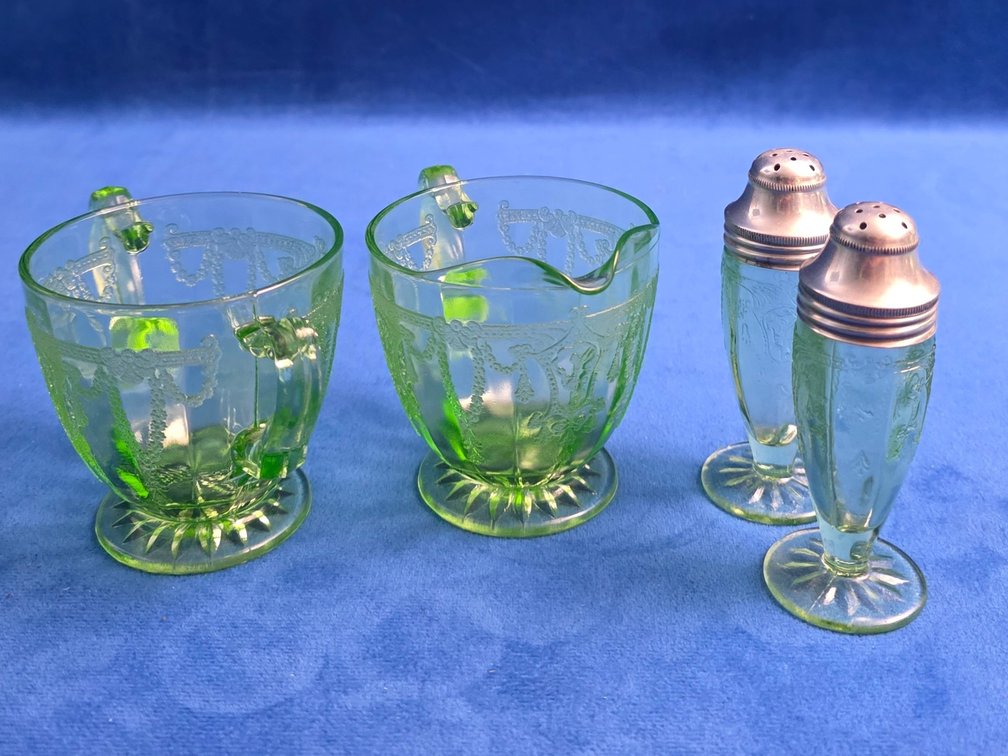 "Cameo" Pattern Green Uranium Glass Creamer and Sugar Set w/ Pair of Salt and Pepper Shakers