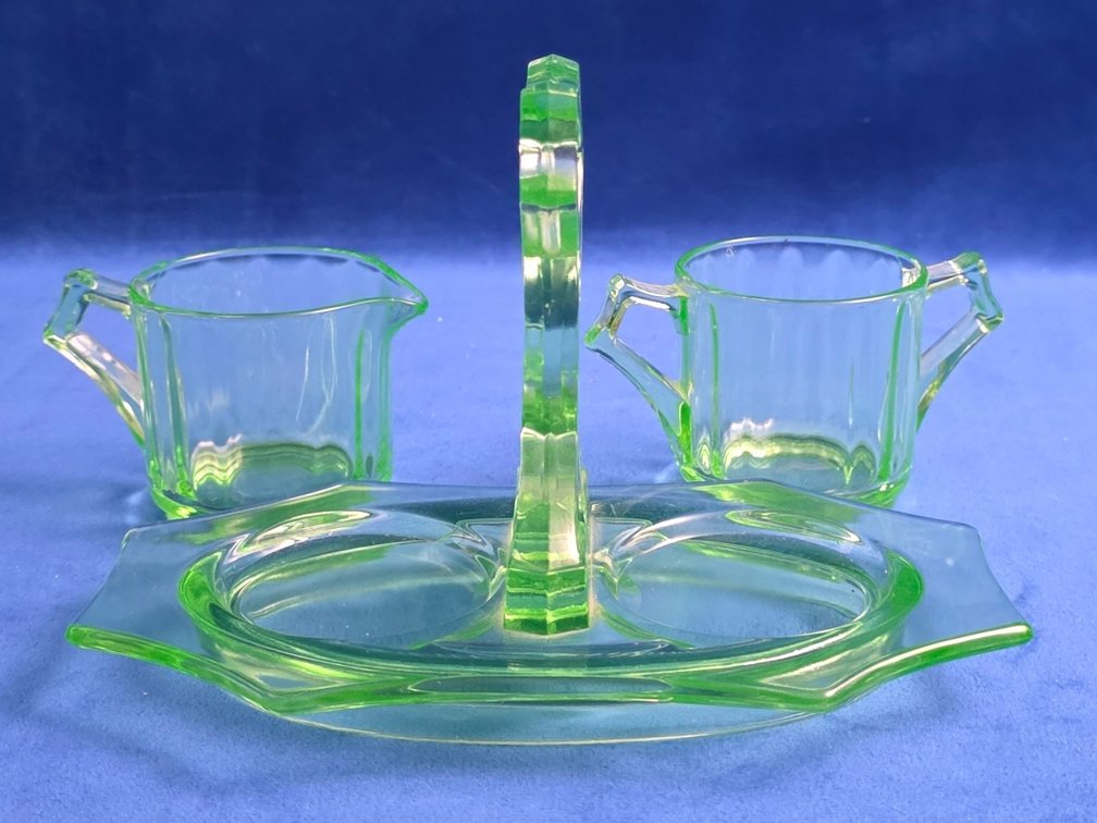 Vintage Uranium Glass Cream and Sugar Set with Bridge Tray
