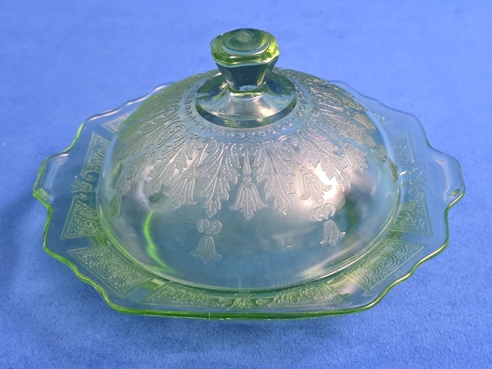 Vintage Covered Butter Dish, "Princess" Pattern, Green Uranium Glass